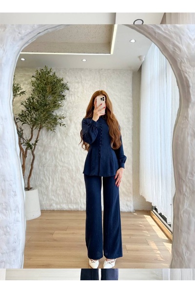 BELLASTORE Women's Navy Blue Button Detailed Two-Piece Set