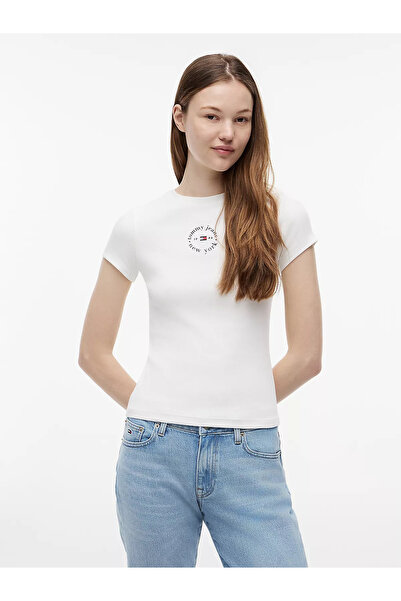 Tommy Hilfiger Kadın Dar Kesim Yuvarlak Yakalı Pamuklu Esnek Örgü Kumaş Kısa ...