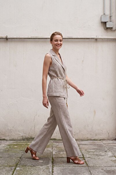 Hiccup My Fashion Striped Shawl Collar Vest and Wide Leg Pants Set