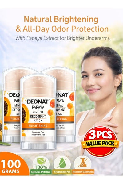 DEONAT Pack of 3 Papaya Mineral Deodorant Stick 100g Brightening Natural Crys...