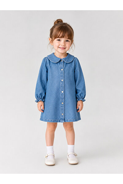 BEREKET BABY 4-8 Yaş Kız Çocuk Kalp Düğmeli Uzun Kollu Denim Elbise bereket b...