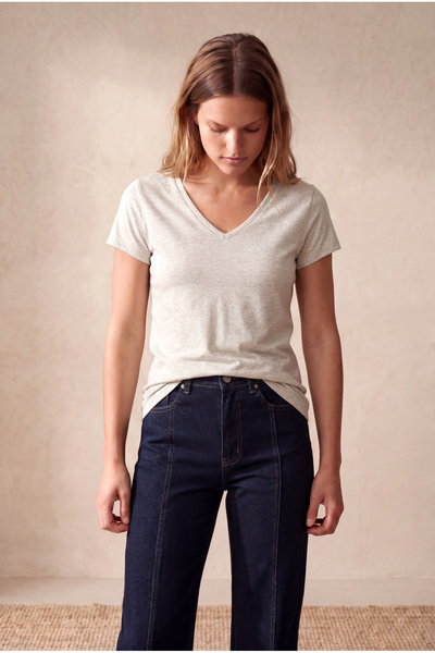 WESTMARK LONDON Women's Cream Melange Cotton Regular Fit V-Neck Short Sleeve ...