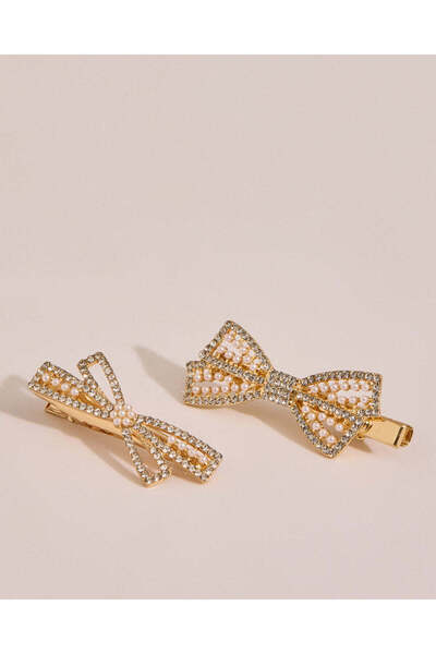 REDTAG Women Gold Bow Hair Clip Set (Pack Of 2)