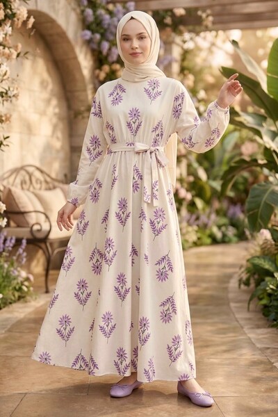 TOFİSA Desenli Elbise Lila - 28602-LILA