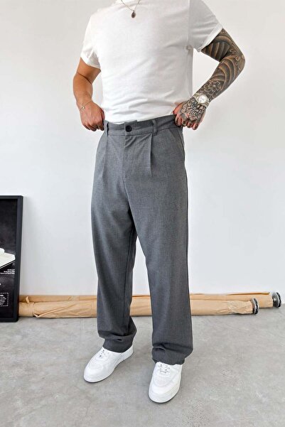 HAFKAGİYİM Dark Gray Pleated Baggy Fit Fabric Trousers