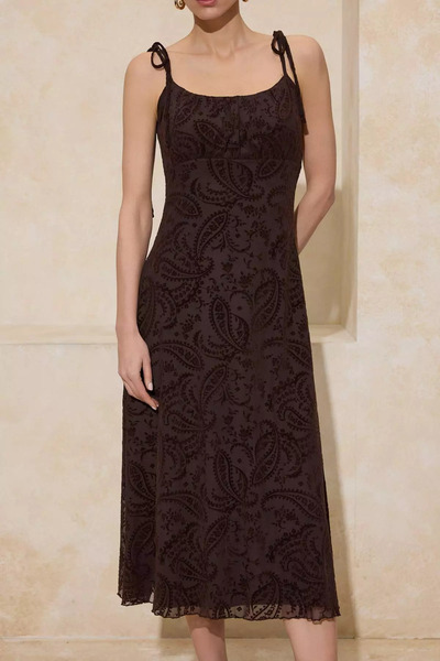 MİROR Women's Brown Floral Patterned A-Line Thin Strap Sleeveless Gathered Mi...