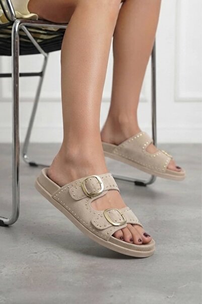 NAVİSHOES Women's Studded Buckle Beach Summer Dowry Daily Slippers 7534Nav