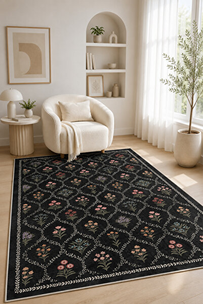 PINKIE HOME Dijital Kaymaz Yıkanabilir Renkli Çiçekli Salon Halısı Mutfak Hal...