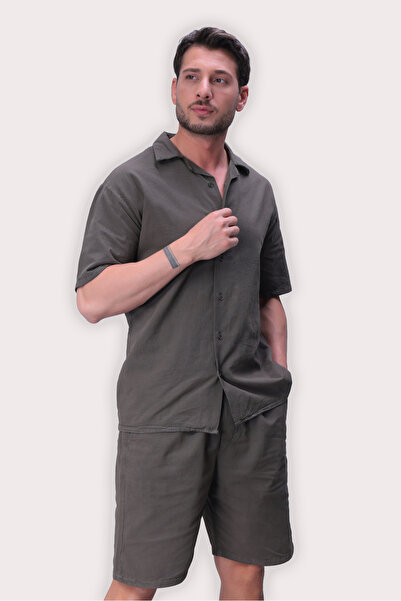MYRAB DENİM Men's Khaki Linen Shirt Shorts Set – Oversize Comfortable Fit 2-P...
