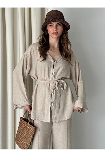 My Blog Natural Buttoned Kimono with Rope Belt