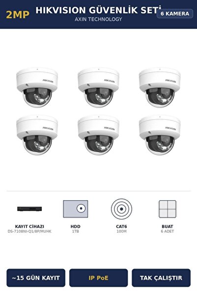 Hikvision 6 Kameralı 2MP Güvenlik Kamera Seti IP PoE AcuSense 1TB ~15 Gün Kay...