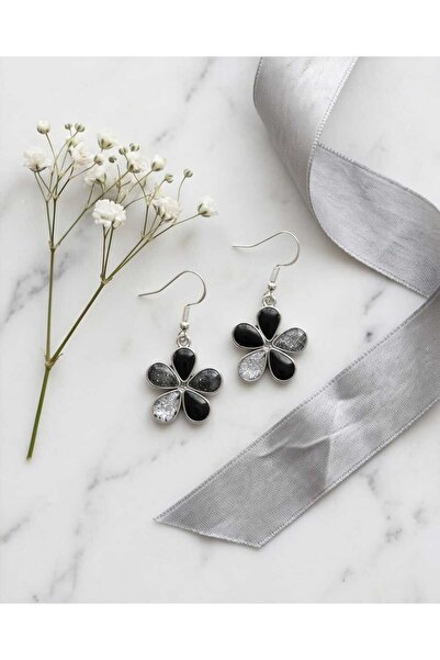 Dodemert Home Gümüş Siyah Silver Papatya Polimerkil & Epoksi El Yapımı Küpe