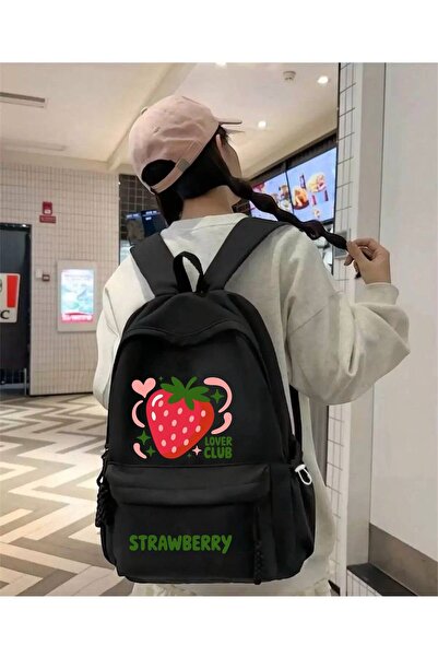 Minga London Black Lower Club Strawberry Printed School, Class, Course Backpack