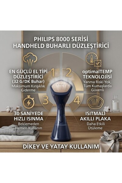 Philips 8000 Serisi El Tipi Buharlı Düzleştirici, 32 g/dk'ya kadar Buhar Gücü...
