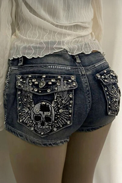 Köstebek Μπλε πλυμένο πέτρινο σορτς με σχέδιο Skull Wings Grunge Y2K τζιν