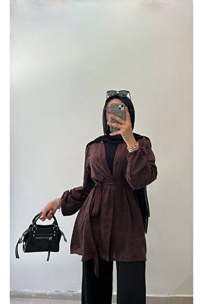 DİLEKBUTİK Kahverengi tensel desenli yazlık kimono