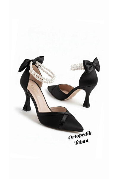 Famels Short Heeled Shoes Pearl Shoes Black Satin Evening Dress Shoes Evening...