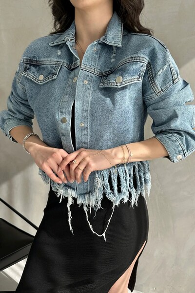 nido moda Püskül Detaylı Denim Crop Ceket