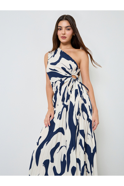 Take Two By Styli Navy Blue One Sleeve Midi Dress with Ruched Detail