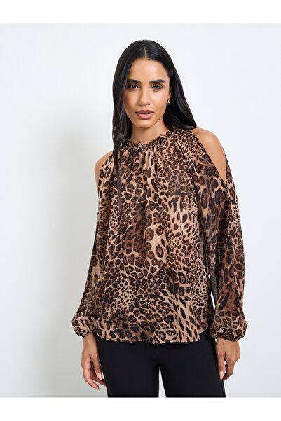 Take Two By Styli Brown Leopard Print Cold Shoulder Sleeve Blouse