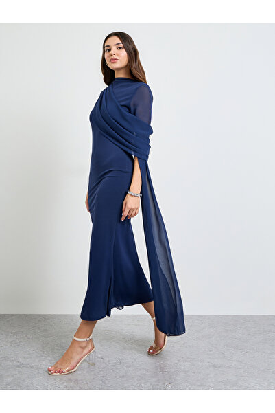 Take Two By Styli Navy Blue Slit Sleeve Draped Maxi Dress