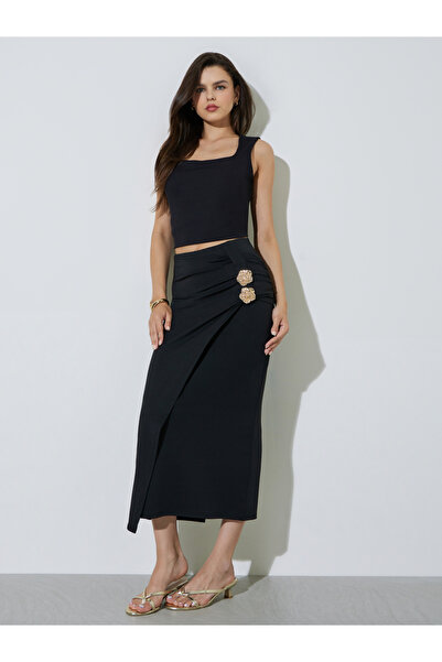 Take Two By Styli Black Pencil Midi Skirt with Decorative Buckles