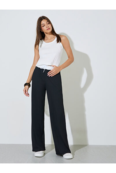 Styli Black Contrast Waistband Wide Leg Pants