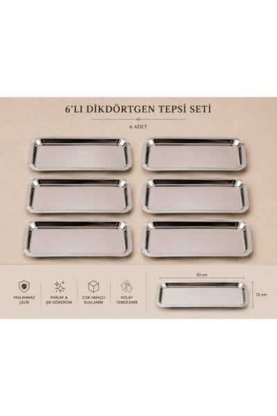 RoyalDecorHome PASLANMAZ ÇELİK GÜMÜŞ 6 LI DİKDÖRTGEN, BATON TEPSİ, SUNUMLUK Ç...
