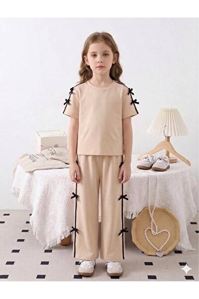 CiciTime Çocuk Modası Girl's Bowknot Ribbon Detailed T-Shirt Summer Top and B...