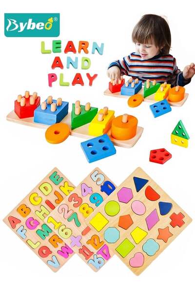 BYBEO 4 Pack Toddler Montessori Toys, Kids Wooden Puzzles, Sorting & Stacking...
