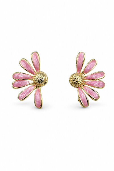 Jack Ferrero Pink Enamel Detailed Half Flower Design Yellow Tone Bijouterie E...