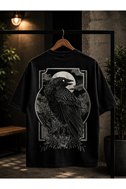 Erkek Oversize Siyah T-Shirt Kuzgun Baskılı Premium Pamuk Gotik Streetwear
