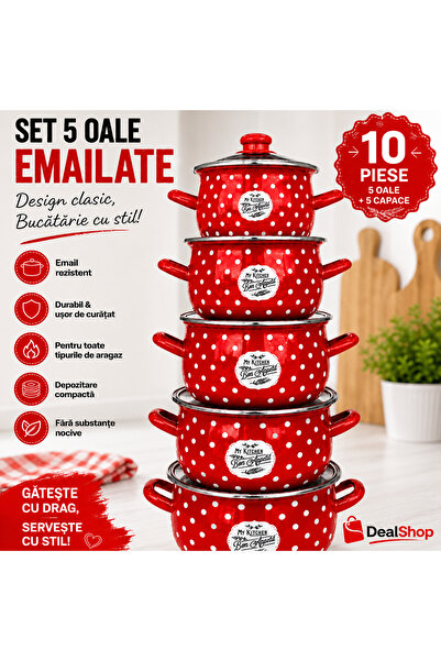 dealshopromania Set of 5 enamel pots with glass lids, quantities 2 L, 2.8 L, ...