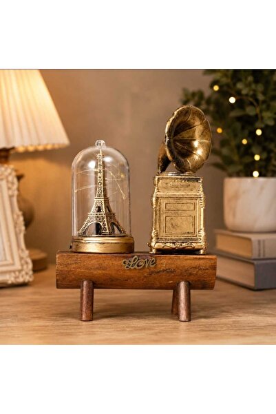 mr shopping MR Nostaljik Gramofon ve Işıklı Eyfel Kulesi Dekoratif Masa Süsü ...