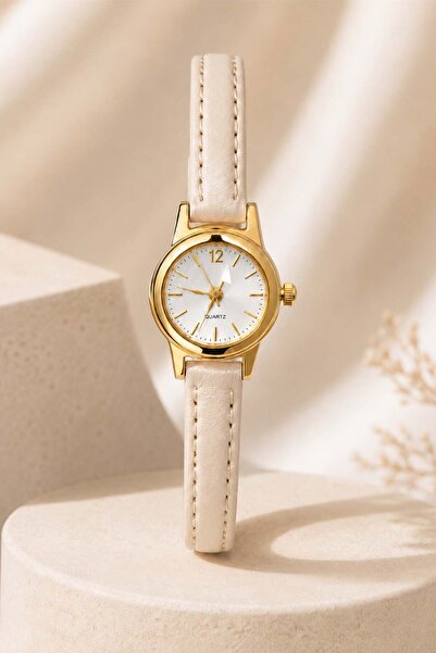 GANYMET Leny Women's Wristwatch Cream Thin Cord Gold Case White Dial Minimal ...
