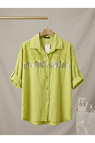 MADE İN ITALY Italian Linen Blend Oversized Women's Shirt with Sequin and Sca...