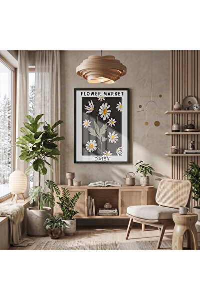 KOLAJTASARIM Minimalist Black Daisy Market Decor de masă cu ramă din lemn Pos...
