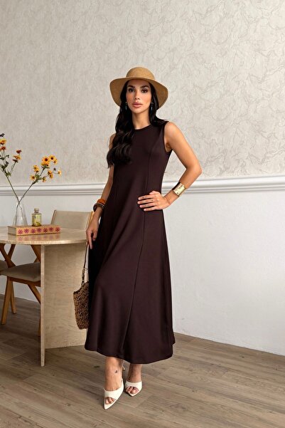 moda poni Women's Modal Fabric Brown Sleeveless Long Dress
