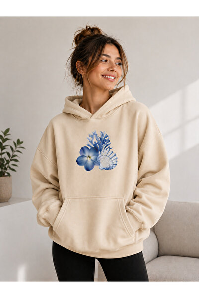 caddekombin Women's Blue Floral and Seashell Printed Hooded Sweatshirt with K...