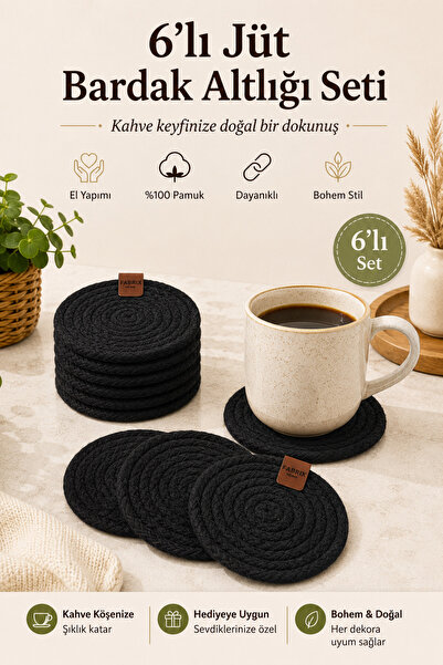 Fabrix Home Set of 6 Handmade Cotton Coasters Black Bohemian Coffee Corner Decor
