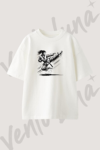Vento Luna Taekwondo Fighter Tasarım Baskılı Unisex Oversize Kalıp Beyaz Tshirt