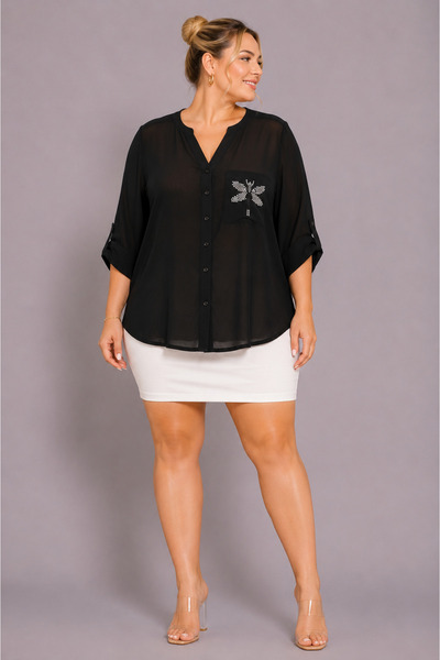 GRANDİ Large Size V-Neck Buttoned Stone Embroidered Capri Sleeve Pocket Thin ...