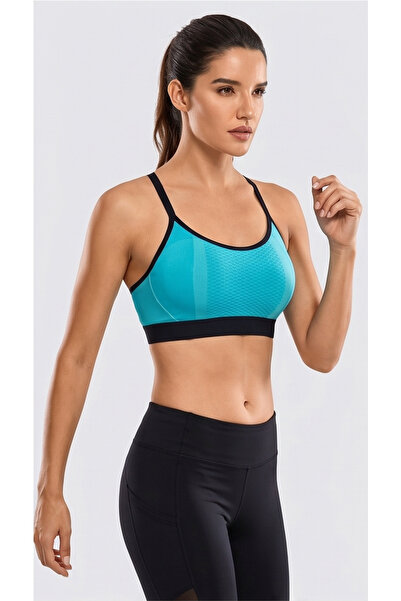 gökçesu Women's Padded Sports Bra with Back Detail and Straps Fitness Top Crop