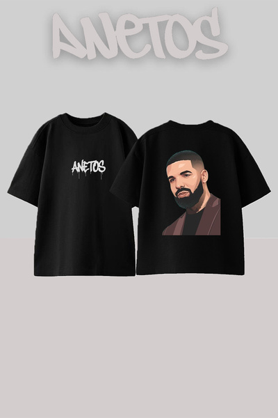 Anetos Μαύρο μπλουζάκι Drake_24 με στάμπα σχεδίου, Unisex, Oversize