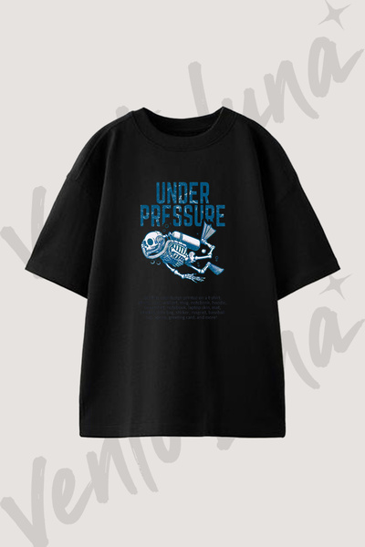 Vento Luna Dalgic Iskelet Tasarım Baskılı Unisex Oversize Kalıp Siyah Tshirt