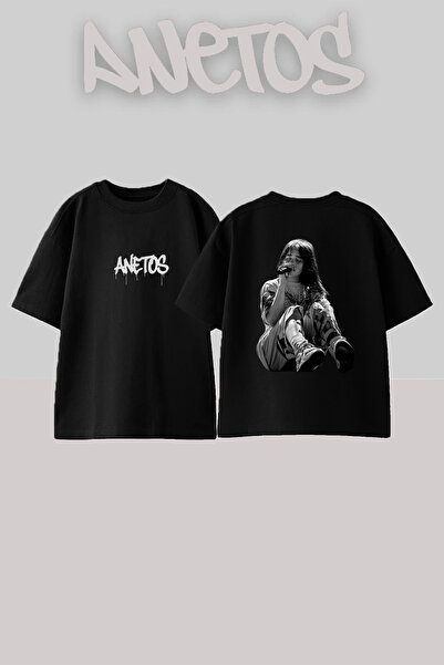 Anetos Billie Eilish_51 dizajn, štampana unisex majica oversize crne boje