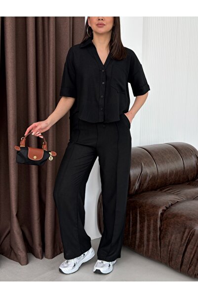 DAME Women's Oversize Linen Trousers with Front Stitching Detail - Shirt Set