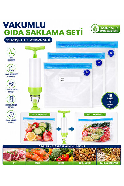 beneficio Vakumlu Gıda Saklama Poşeti Seti 15 Poşet + El Vakum Pompası Tekrar...