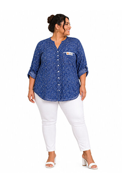GRANDİ Plus Size Viscose V-Neck Patterned Buttoned Capri Sleeve Button Detail...