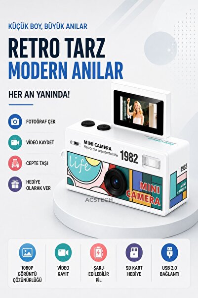 ACSTECH Mini Dijital Fotoğraf Makinesi | 1080P Full HD | 48 MP | Dönebilir Ek...